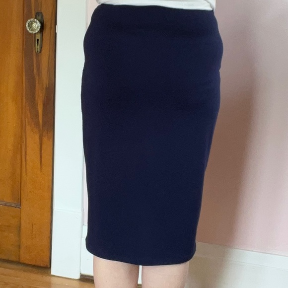 Thyme & Honey Navy Woven Cotton Blend Pencil Midi Skirt Elastic Waist - Picture 11 of 13
